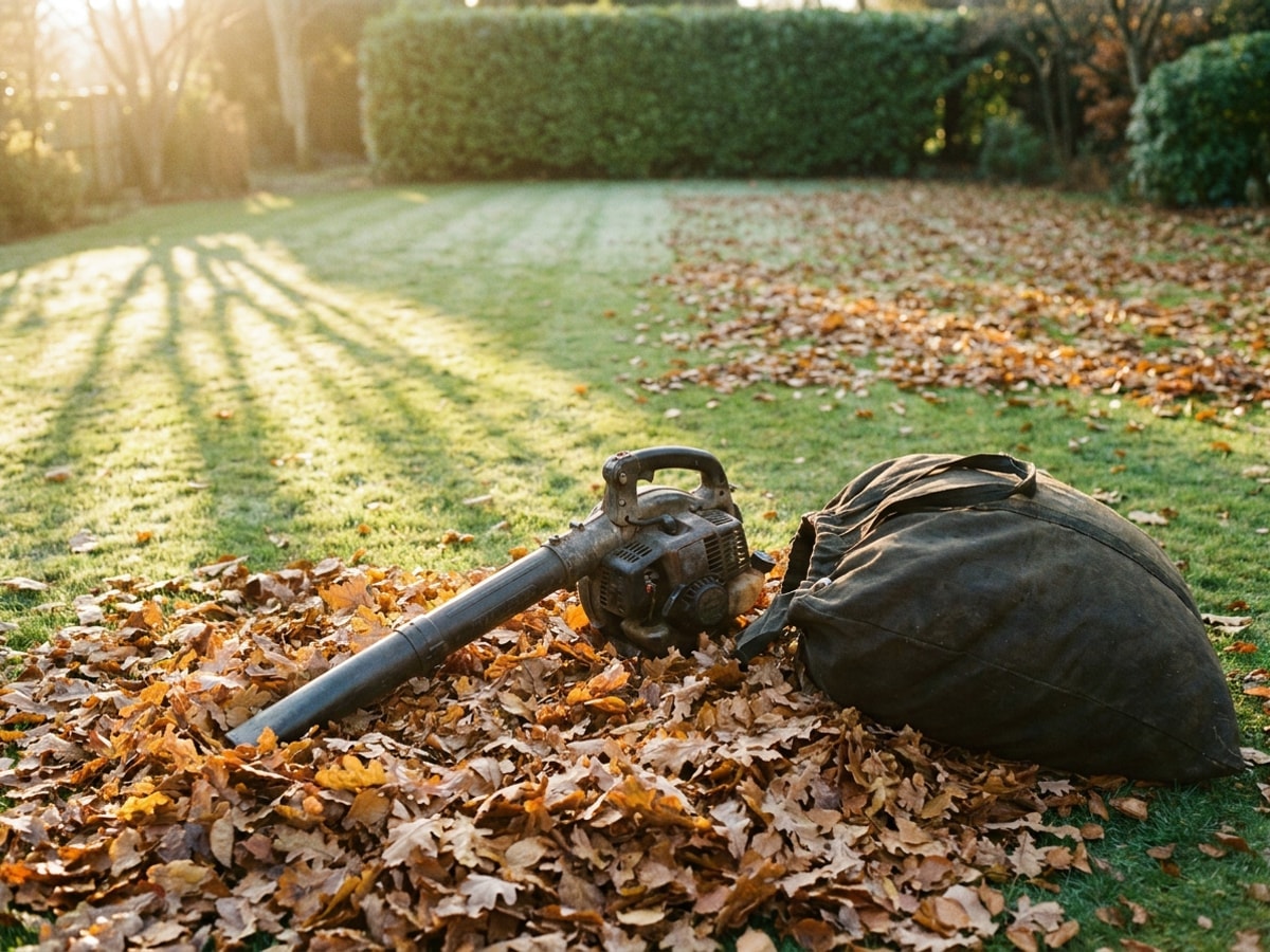 A leaf blower resting on a drift of amber oak leaves, the lawn behind already cleared