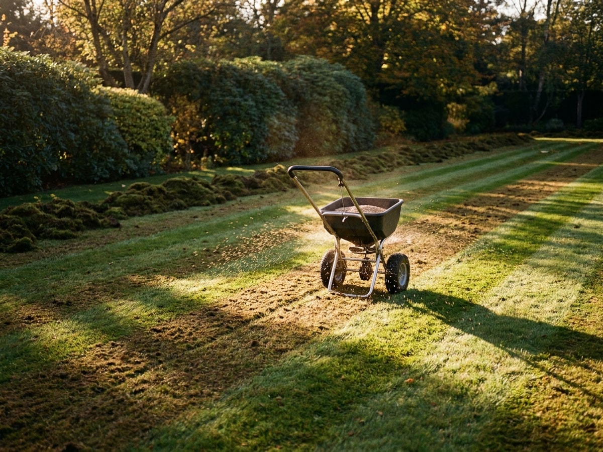A broadcast spreader mid-pass on a freshly scarified, striped lawn