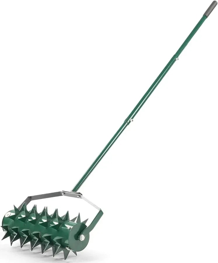 Rolling lawn aerator, double spike row, heavy duty