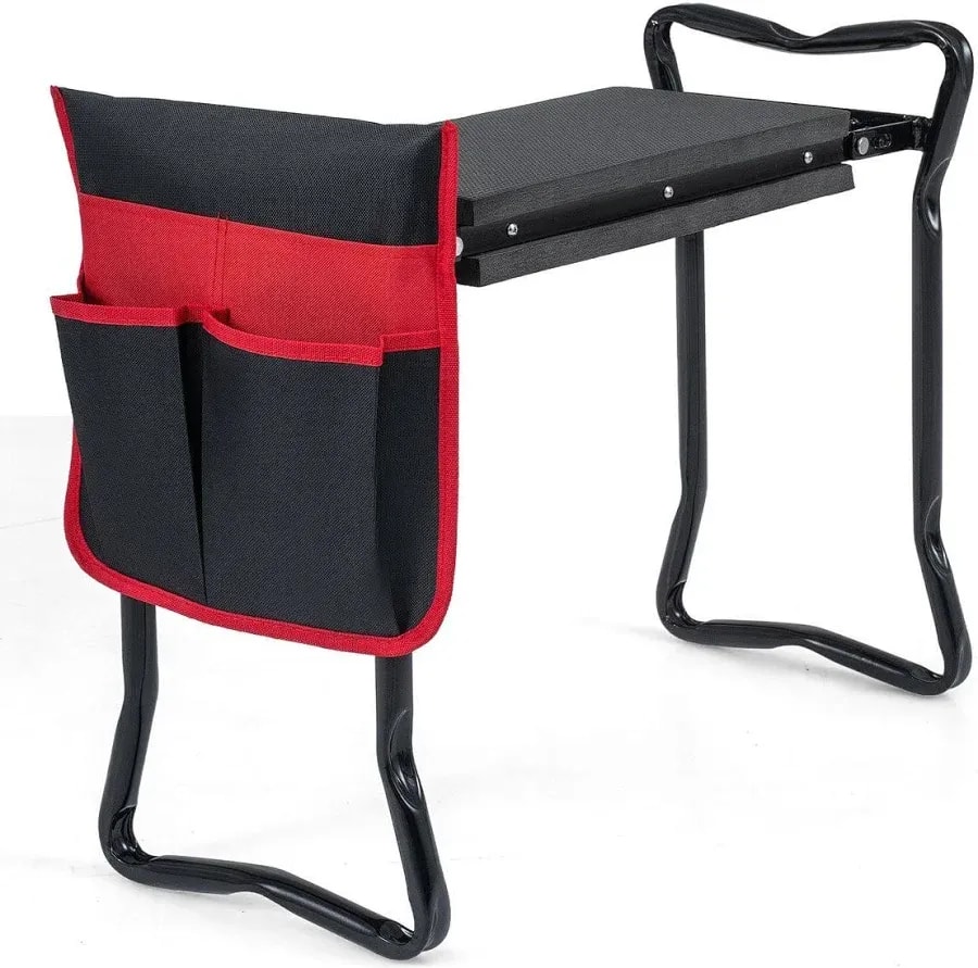 Folding garden kneeler and seat with wide bench, red