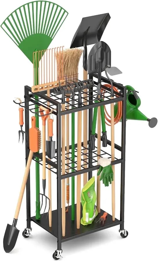 Garden tool organiser rack on wheels, holds up to 35 tools