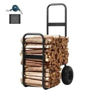 Rolling firewood log cart, heavy duty, green