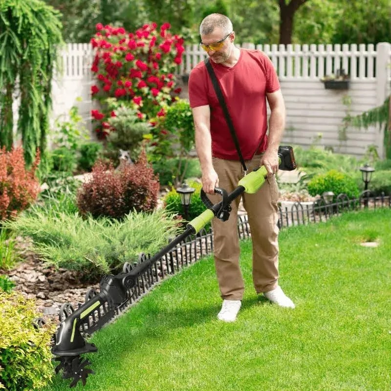 Cordless tiller and cultivator with extension pole, twin battery