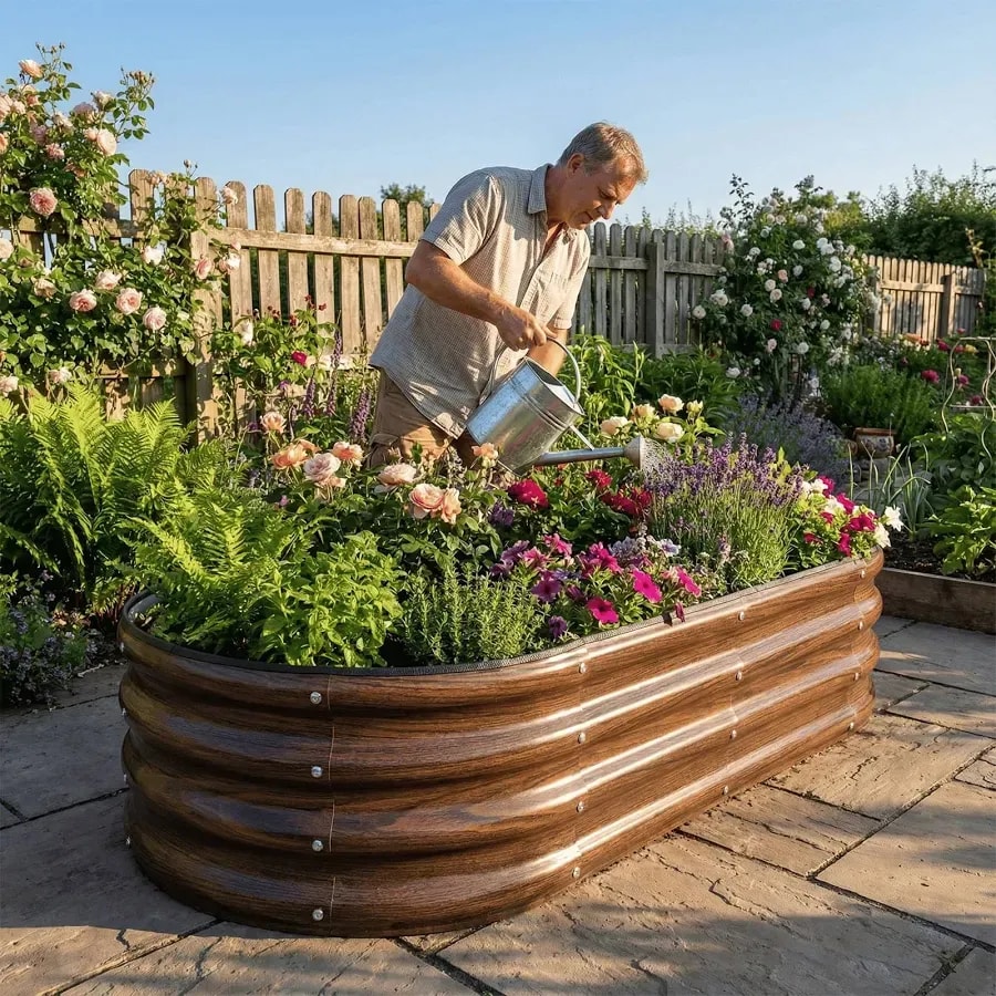 Galvanised steel raised bed, 46 × 24 × 12 in, brown