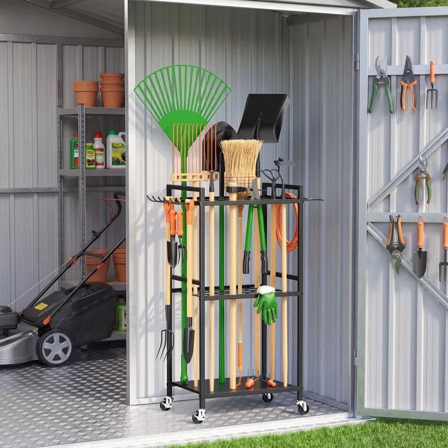 Garden tool organiser rack on wheels, holds up to 35 tools