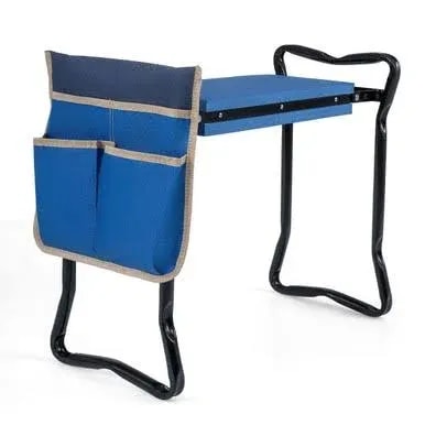 Folding garden kneeler and seat with wide bench, red