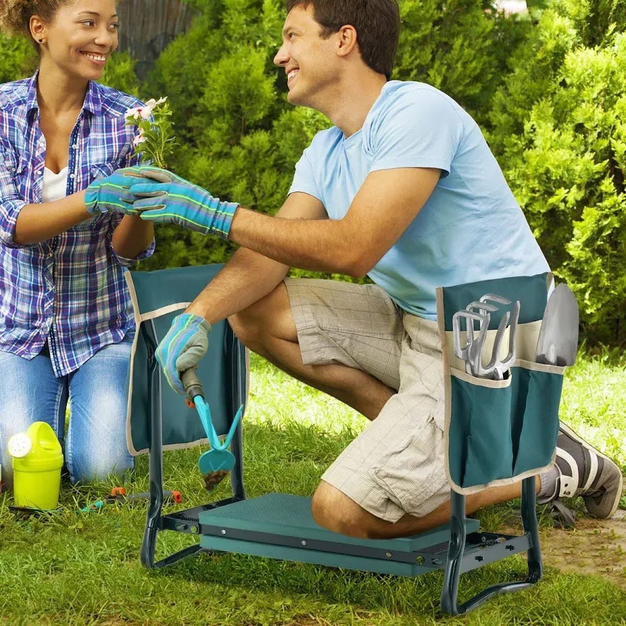 Folding garden kneeler and seat with wide bench, red