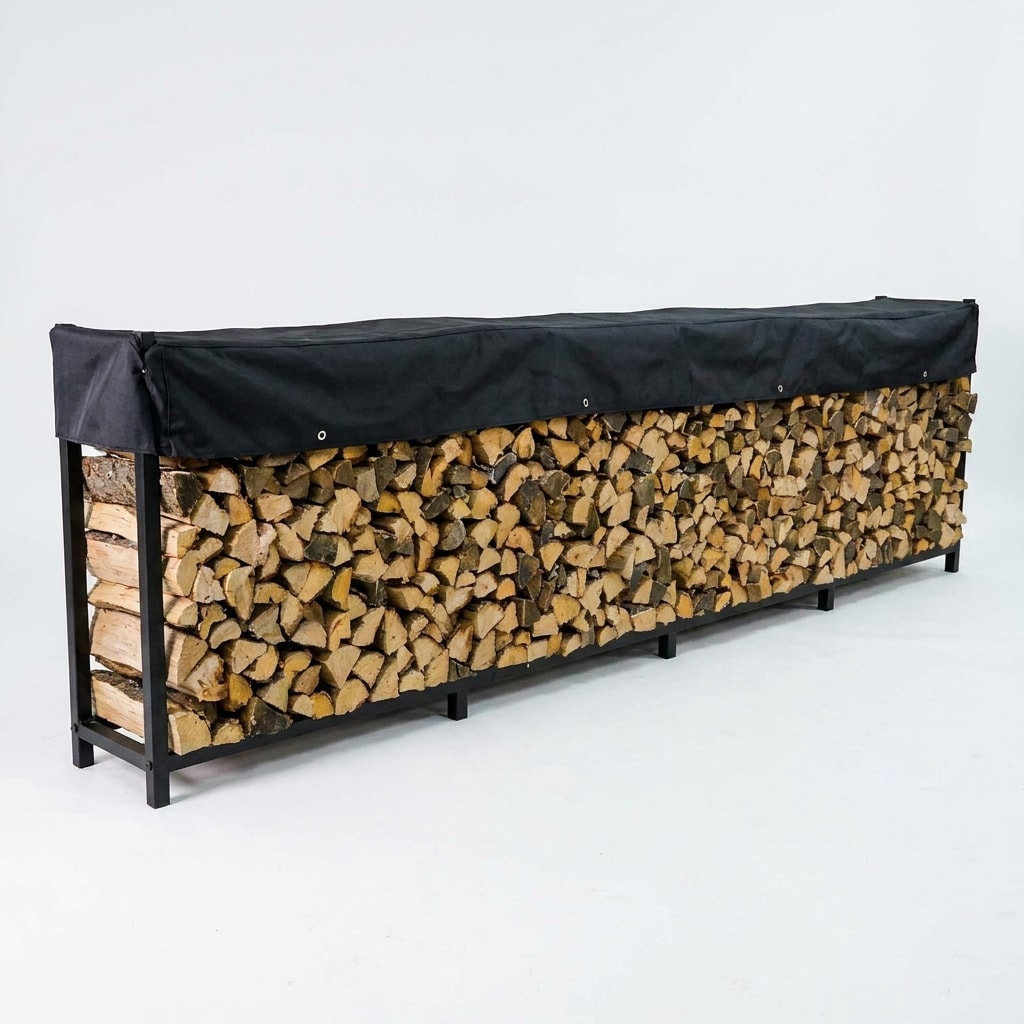Firewood rack with fitted cover, 4 ft, black