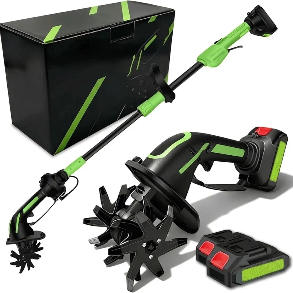 Cordless tiller and cultivator with extension pole, twin battery