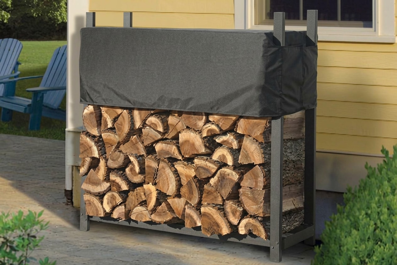Ultra-duty firewood rack with cover, 4 ft, brown