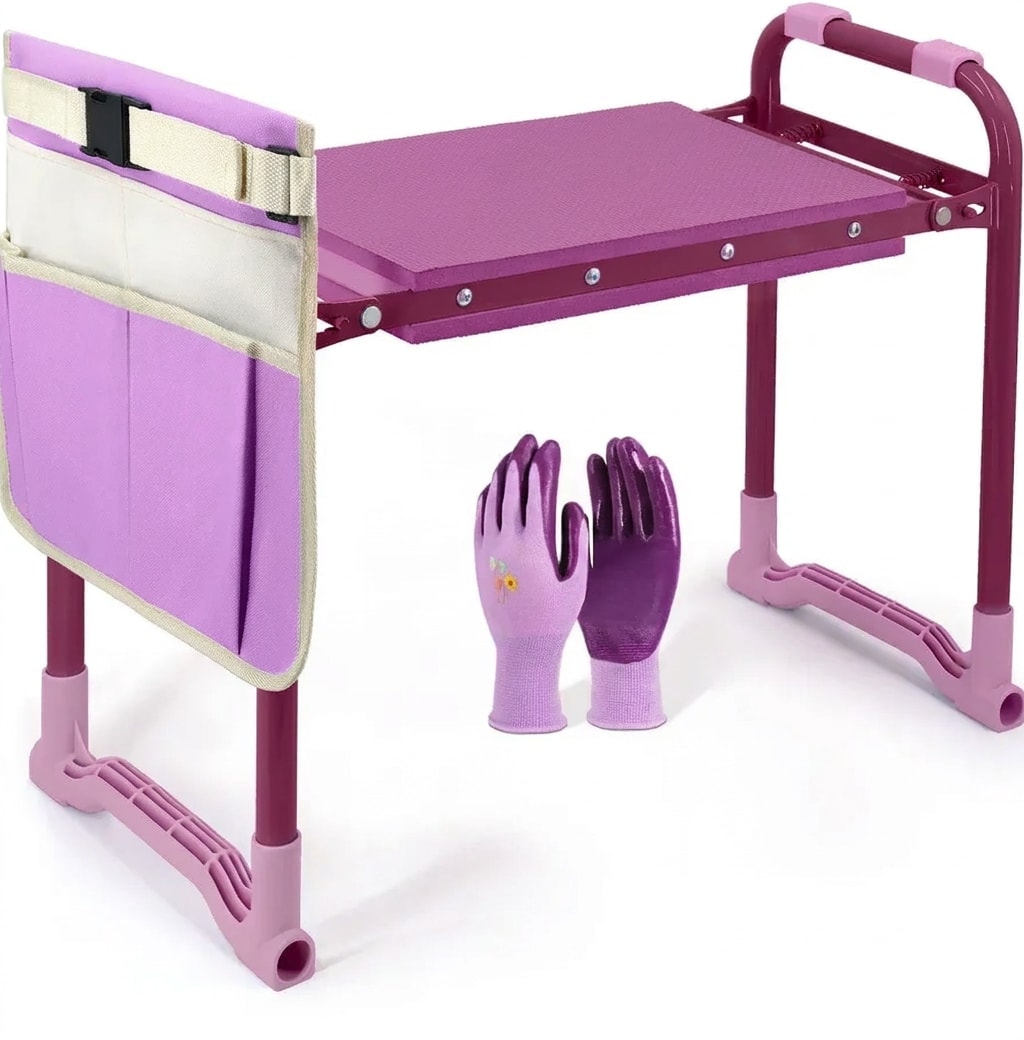 Folding garden kneeler and seat with tool pouch