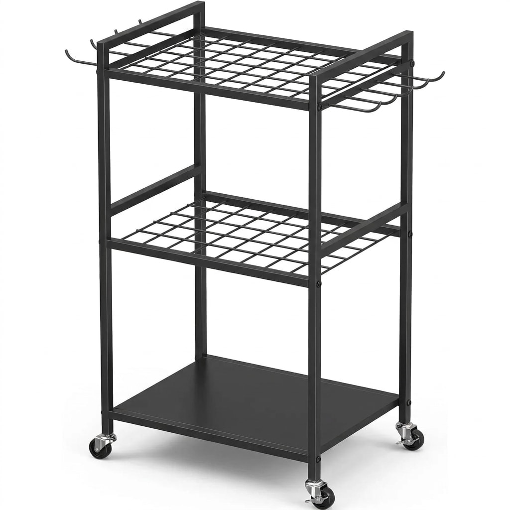 Garden tool organiser rack on wheels, holds up to 35 tools