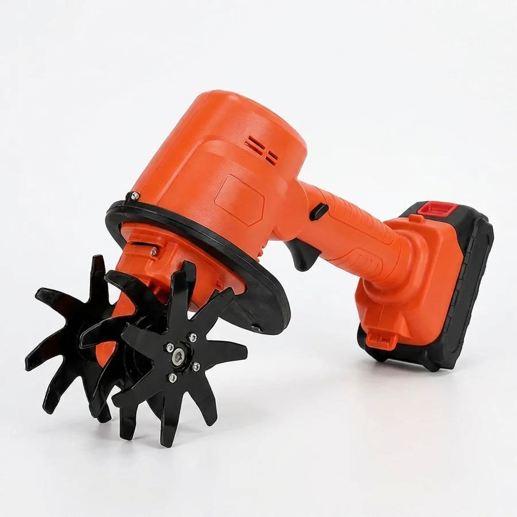 Cordless tiller and cultivator, 360 rpm, yellow