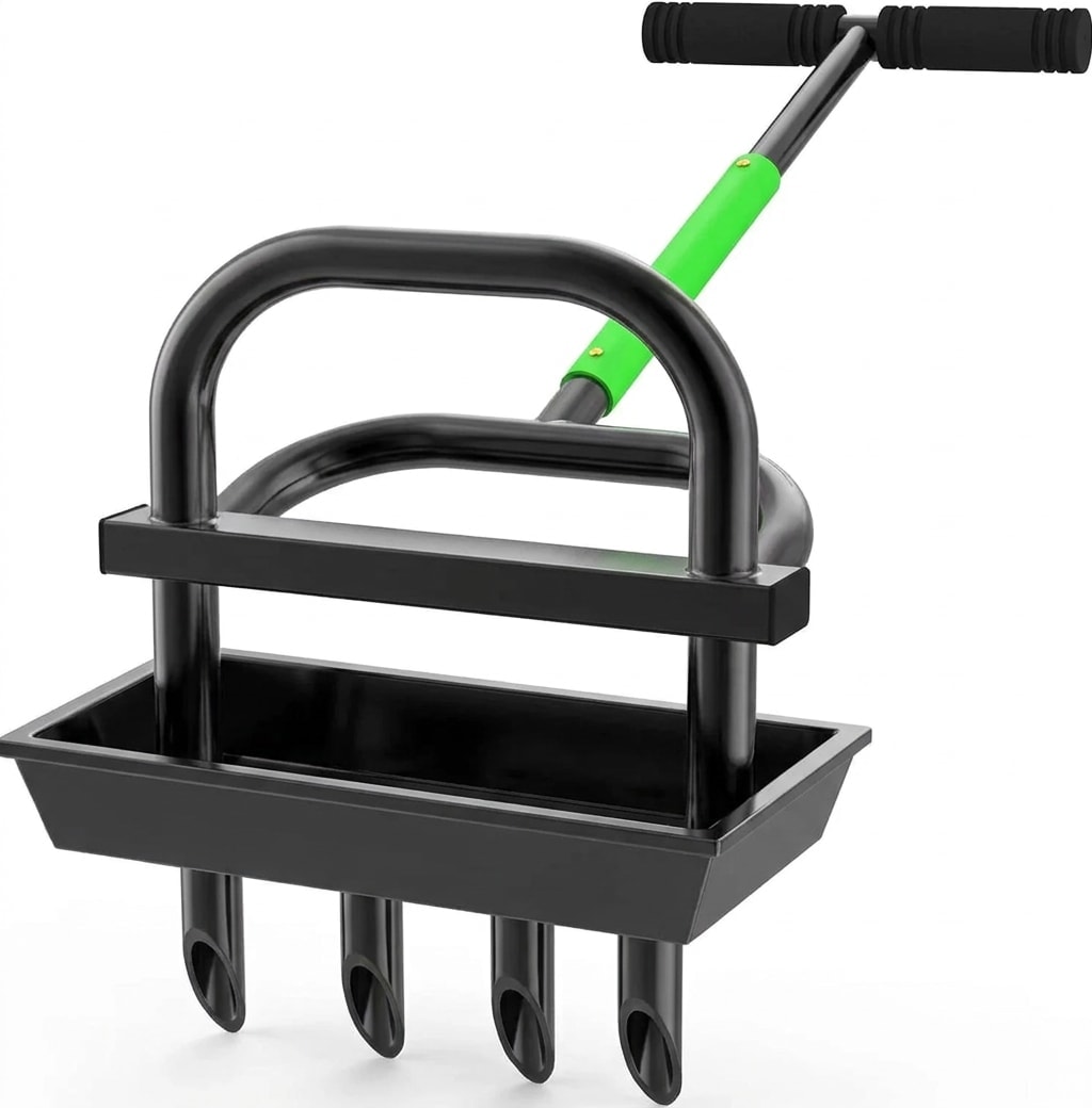 Core aerator tool with soil collection tray, 4 tines