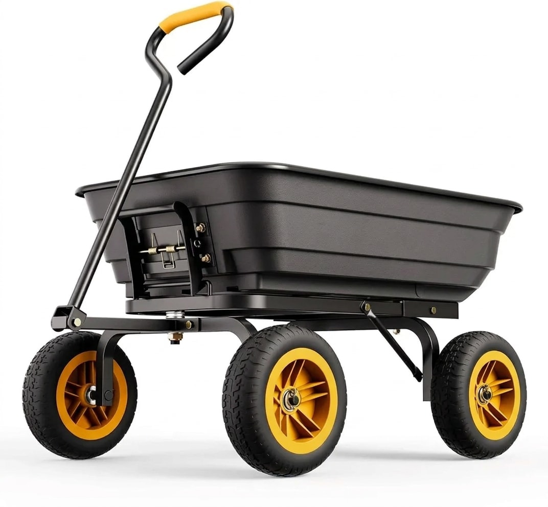 Heavy-duty garden dump cart, 4 cu ft, 600 lb, no-flat tyres