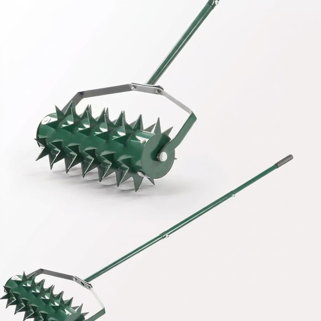 Rolling lawn aerator, double spike row, heavy duty