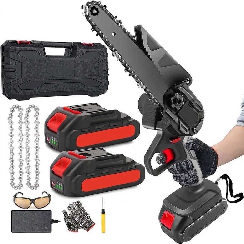 Mini cordless chainsaw, 6-inch bar, twin 21 V batteries