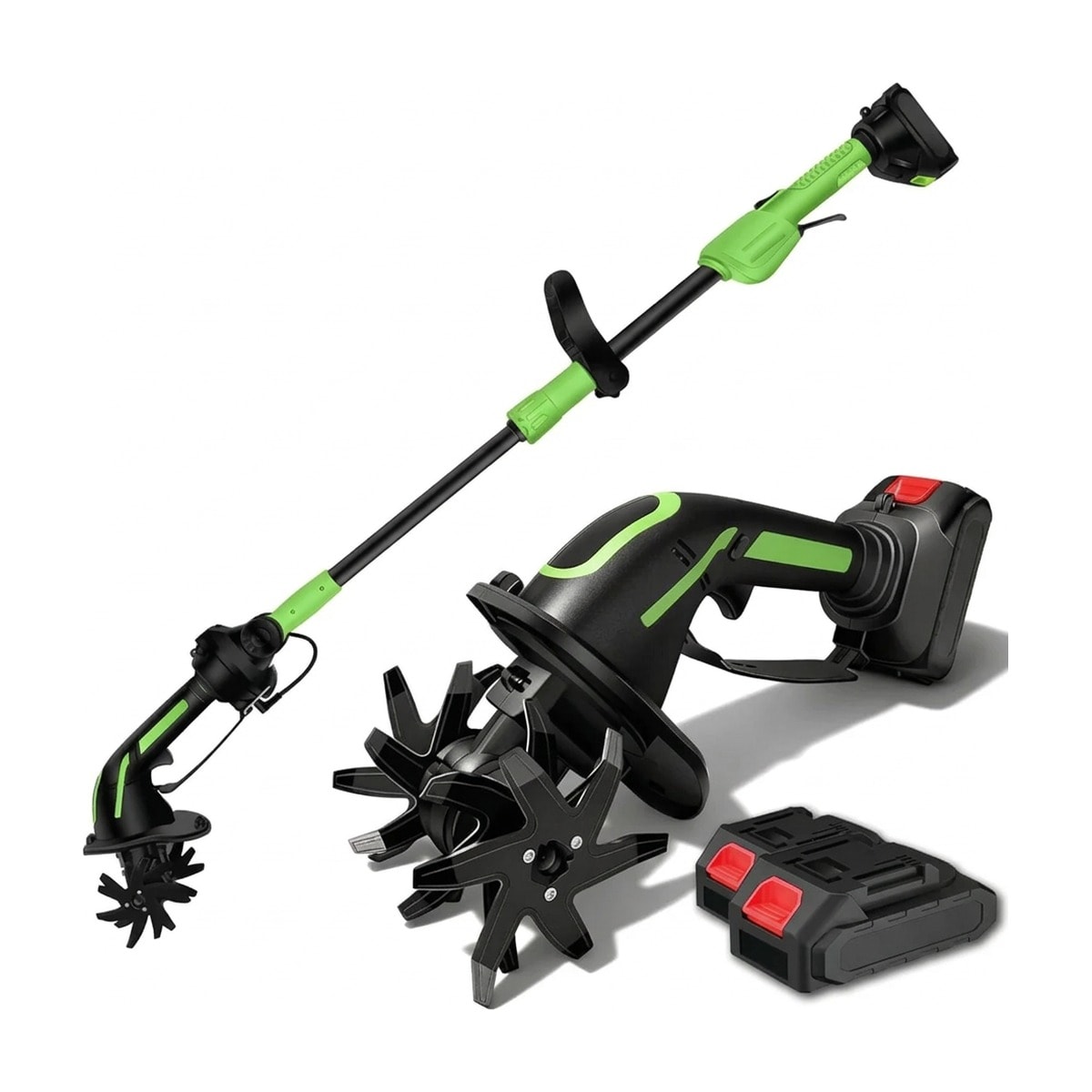 Cordless tiller and cultivator with extension pole, twin battery