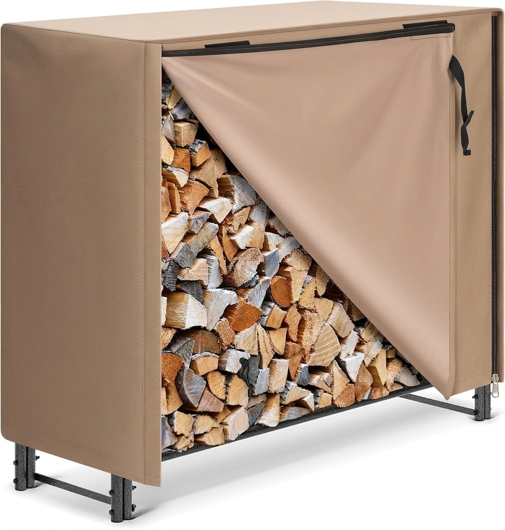 Ultra-duty firewood rack with cover, 4 ft, brown
