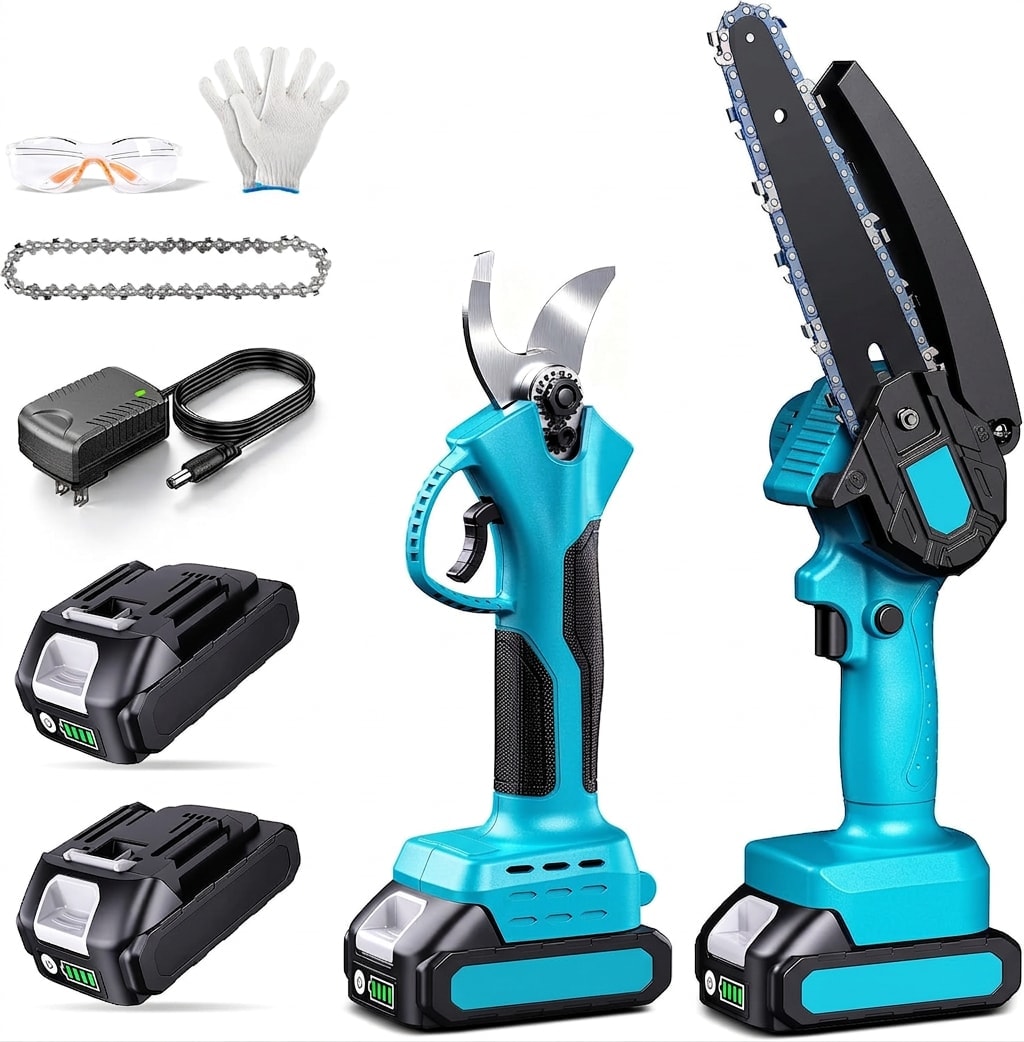 Mini cordless chainsaw and pruning shears set, 6-inch
